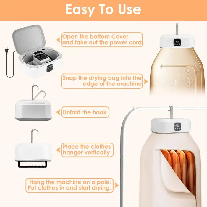 Portable cloth drier installation guide showing setup steps with power cord and drying bag assembly