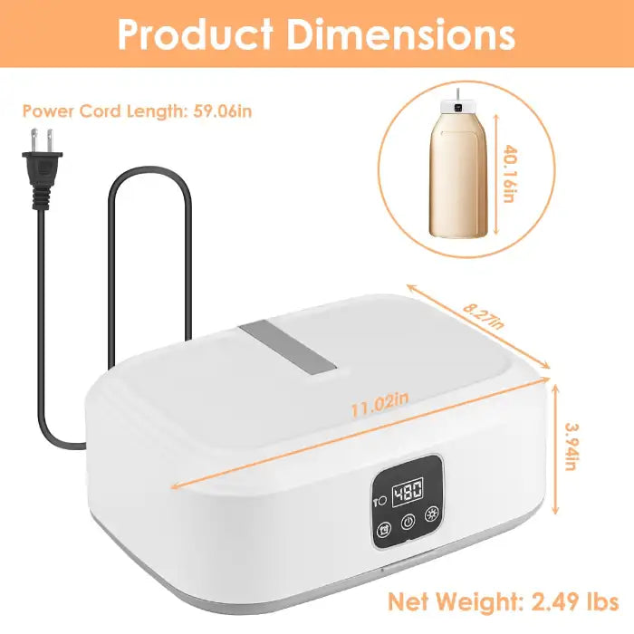Portable cloth drier product dimensions including 11-inch length, 59-inch power cord and lightweight build