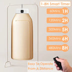Portable cloth drier showing 1-8 hour smart timer and remote control usability for hands-free drying
