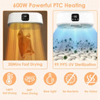 Portable cloth drier with fast 30-minute drying and 99.99% UV sterilization using 600W PTC heating