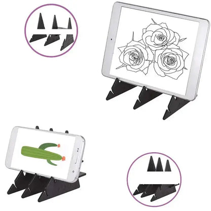 Tablet and smartphone stands displaying rose and cactus drawings, with triangular support pieces shown separately in purple circles