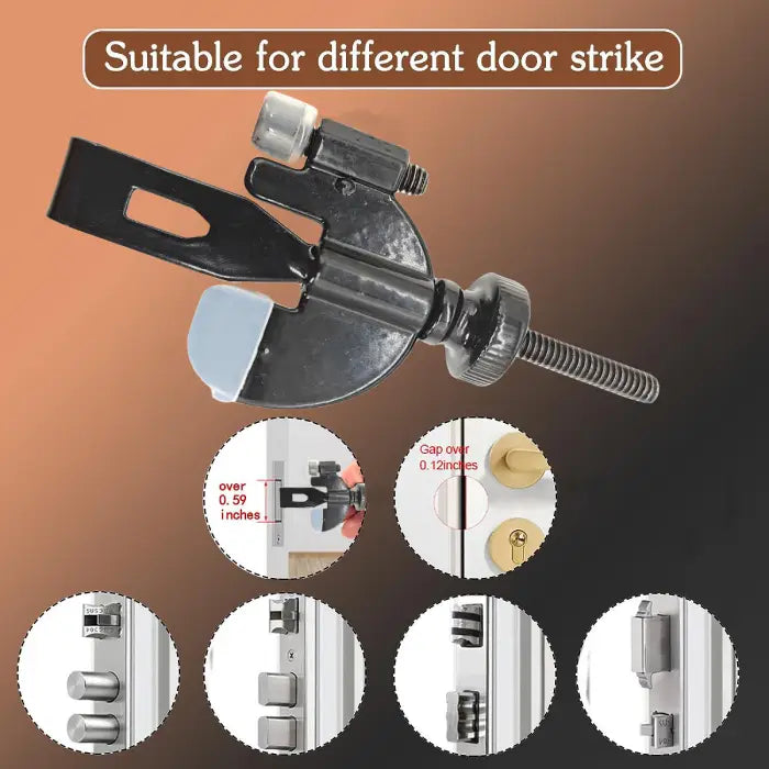 Portable Door Lock suitable for different strike plates and door gaps over 0.12 inches.