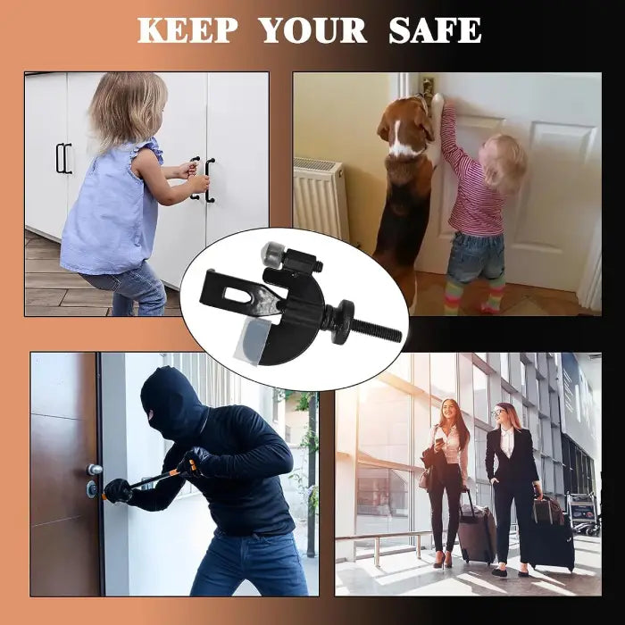 Portable Door Lock used for child safety, pet security, and burglary prevention in various settings.