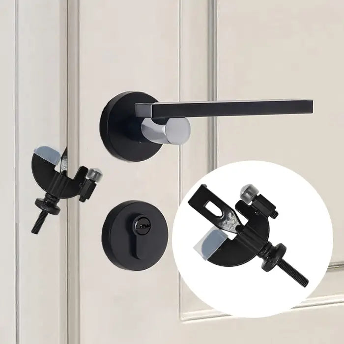 Portable Door Lock installed on closed door with black handle for enhanced indoor privacy.