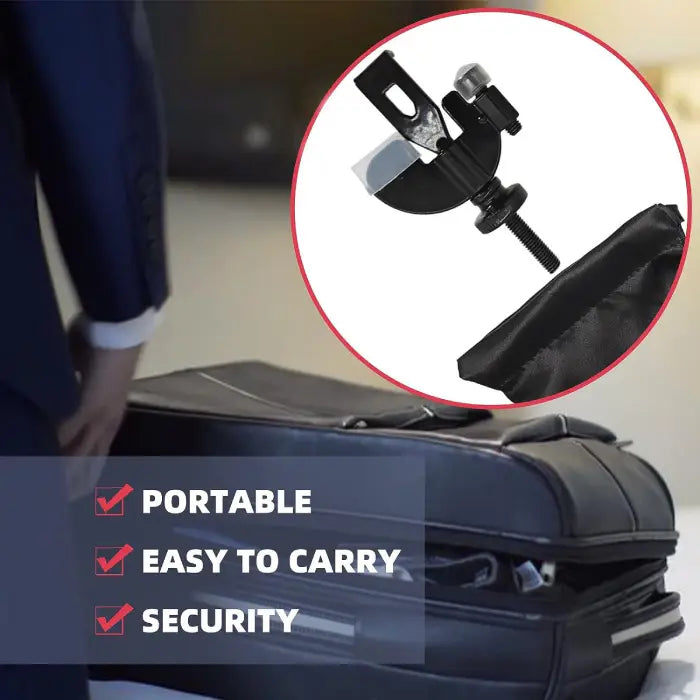 Portable Door Lock shown with travel bag, emphasizing portability, easy storage, and personal security.