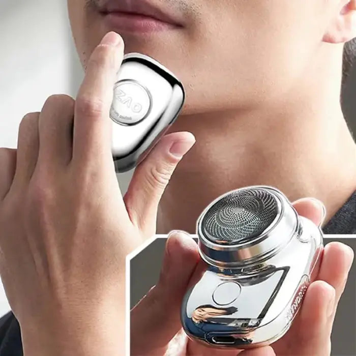 Close-up of hands using a compact electric shaver on facial skin, showcasing the device's small size and ergonomic design