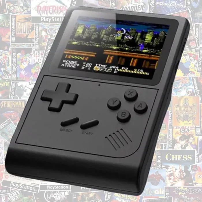 Black handheld game console displaying retro game screen with city skyline, against background of vintage game covers