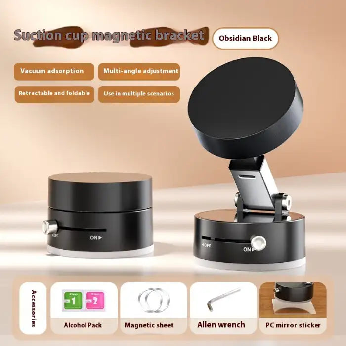  Portable magnetic phone holder in black with included wrench, magnetic ring, and cleaning pack.