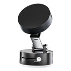 Portable magnetic phone holder in black with front view showing adjustable arm and suction lock.