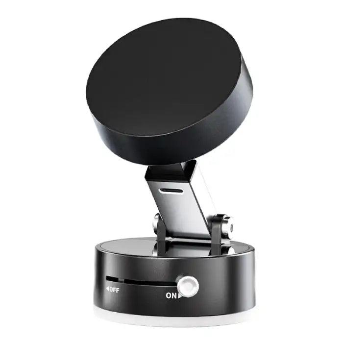 Portable magnetic phone holder in black with front view showing adjustable arm and suction lock.