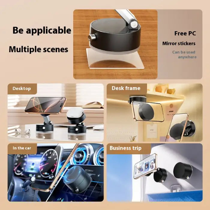  Portable magnetic phone holder shown in use across desk, car, wall, and travel scenarios.