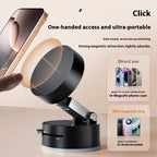 Portable magnetic phone holder with one-handed magnetic access and support for MagSafe and Android phones.