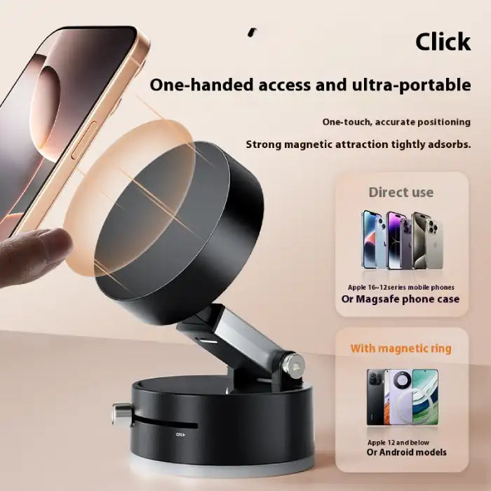 Portable magnetic phone holder with one-handed magnetic access and support for MagSafe and Android phones.