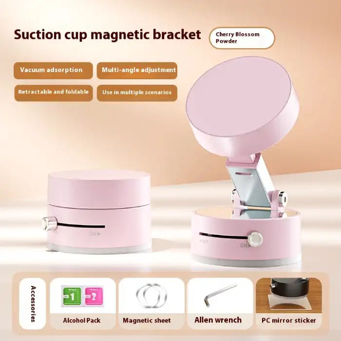  Portable magnetic phone holder in pink with accessories including wrench, stickers, and magnets.
