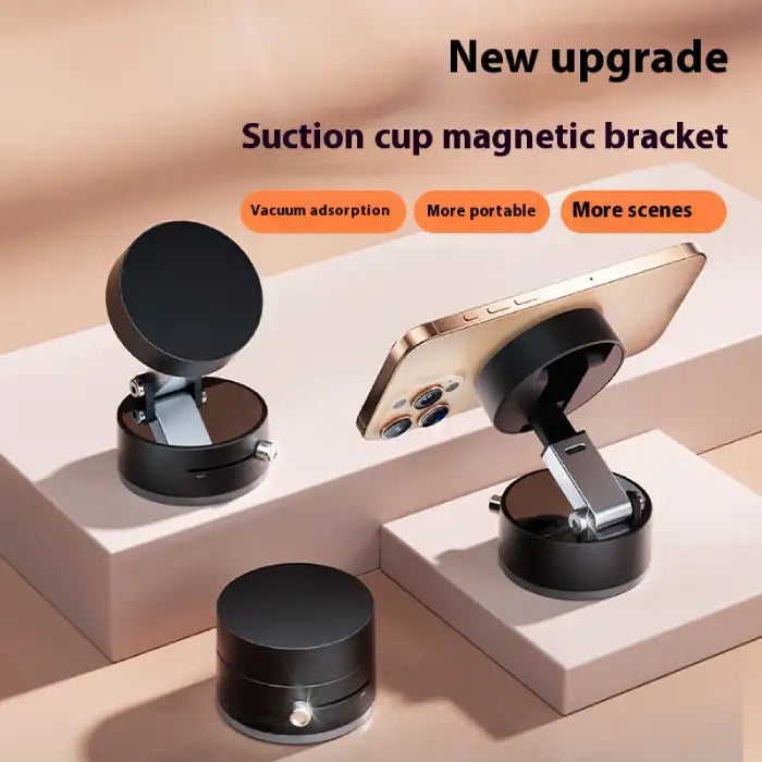 Portable magnetic phone holder upgrade with suction bracket, adjustable angle, and compact design.