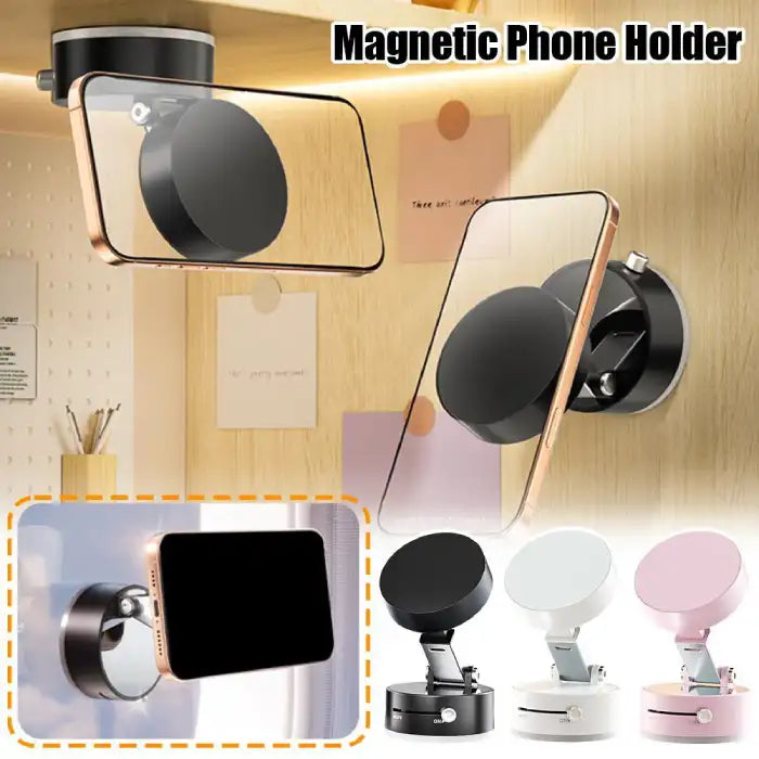 Portable magnetic phone holder for desk, travel, and mirror use in different phone orientations.