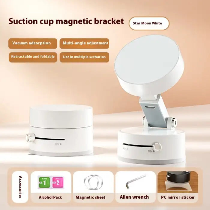  Portable magnetic phone holder in white with accessory kit for mounting and multi-angle adjustment.