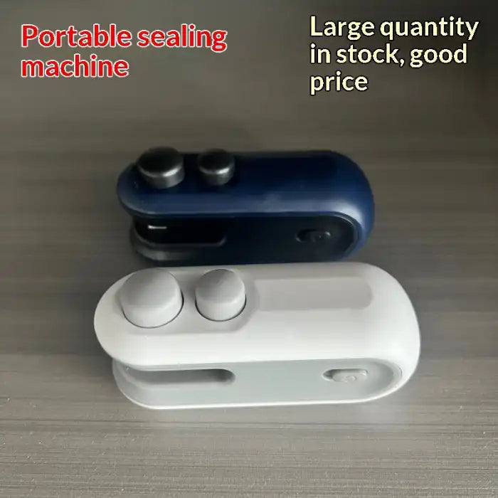 Portable mini bag sealer with magnetic storage in white and navy blue colors, compact portable design shown.