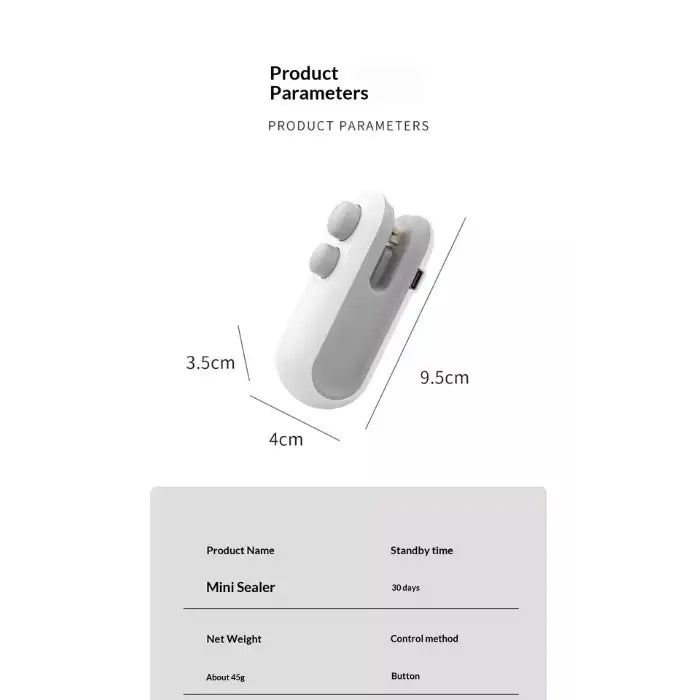 Portable mini bag sealer with magnetic storage product dimensions, weight 45g, compact mini sealer specifications
