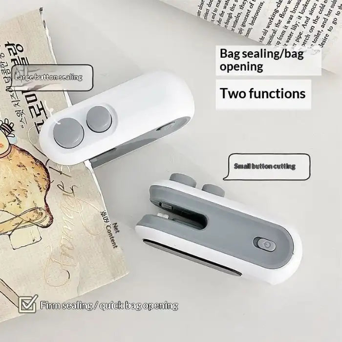  Portable mini bag sealer with magnetic storage showing bag sealing and cutting functions with labeled buttons.