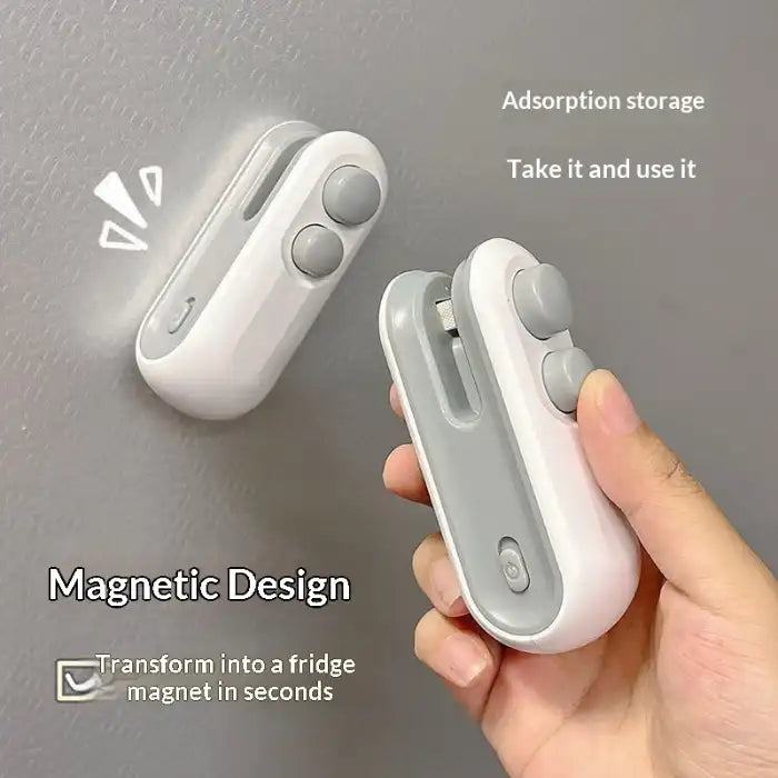  Portable mini bag sealer with magnetic storage shown in hand, white and gray design, dual button controls.