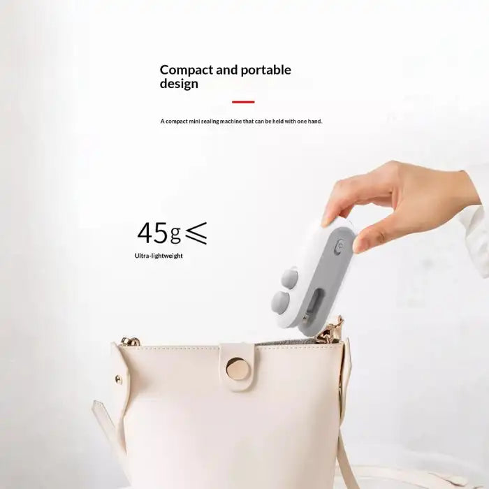 Portable mini bag sealer with magnetic storage compact 45g design fits easily in handbag, ultra lightweight.