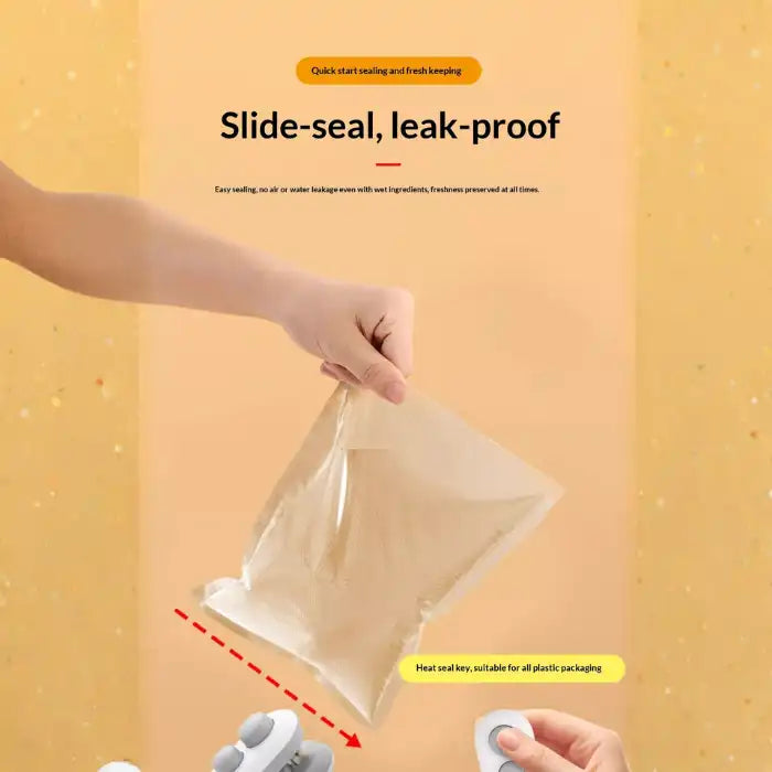  Portable mini bag sealer with magnetic storage creating leak-proof heat seal on plastic packaging for freshness.