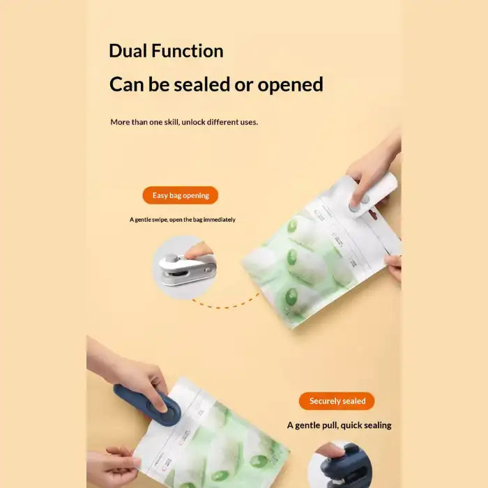  Portable mini bag sealer with magnetic storage dual function, easy bag opening and secure sealing capabilities.