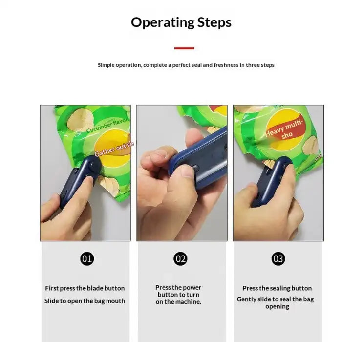  Portable mini bag sealer with magnetic storage simple operation steps, press blade, power, then sealing button.