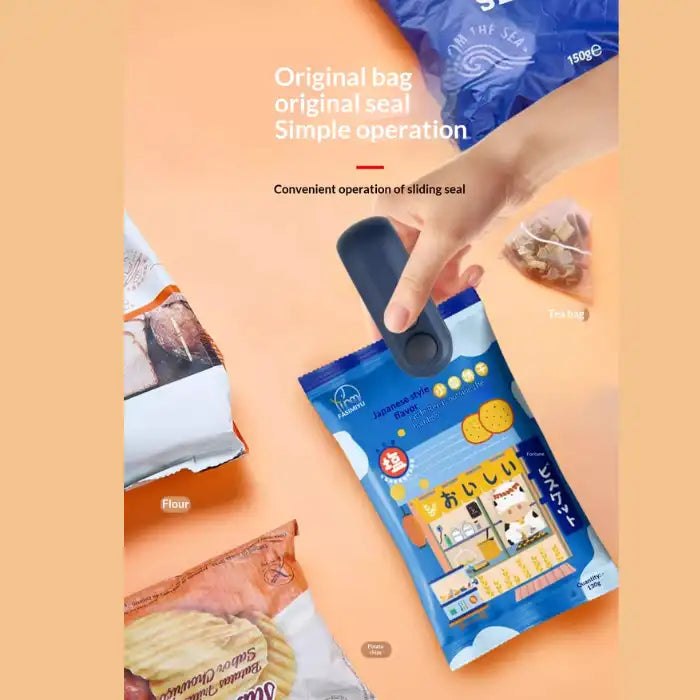  Portable mini bag sealer with magnetic storage sealing various food packages, original bag seal operation shown
