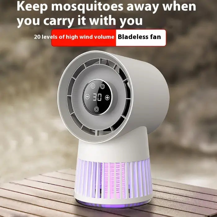 2-in-1 Rechargeable Mosquito Killer Desk Fan on table, marketed with high wind power and portability.