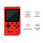 handheld gaming device with feature icons showing soft light screen, large display, 400 games, and sustainable play options