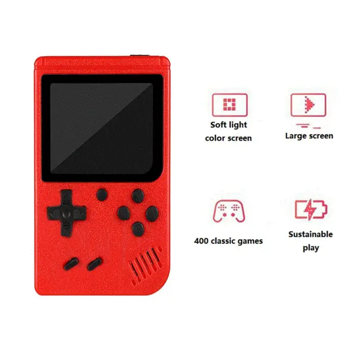 handheld gaming device with feature icons showing soft light screen, large display, 400 games, and sustainable play options