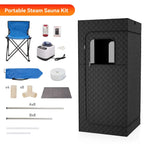 Portable Sauna Room kit with accessories including pipes, connectors, mat, chair, remote, and generator