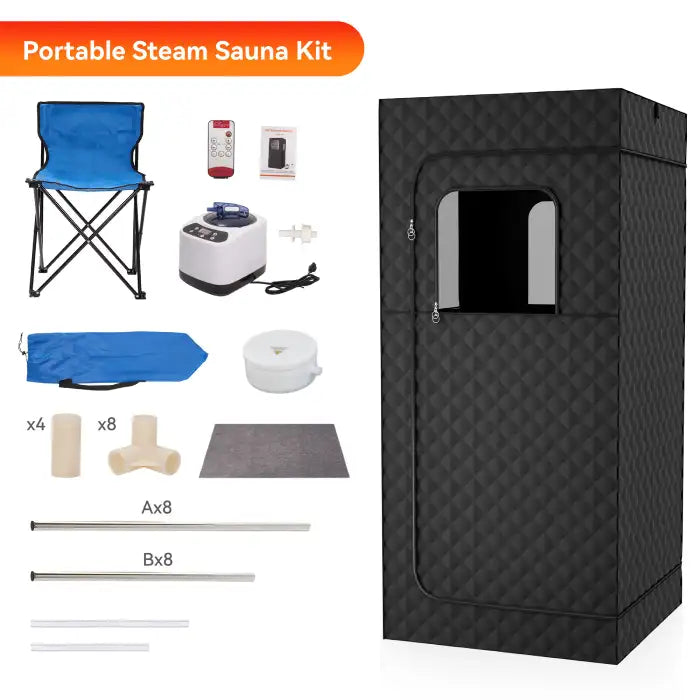 Portable Sauna Room kit with accessories including pipes, connectors, mat, chair, remote, and generator