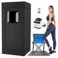 Portable Sauna Room complete kit with steam generator, remote control, chair, and model display
