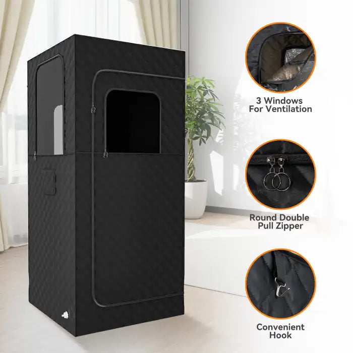 Portable Sauna Room with zipper, 3 ventilation windows, and convenient hanging hook details