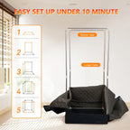 Portable Sauna Room shown in step-by-step setup with labeled shorter and longer tube guides