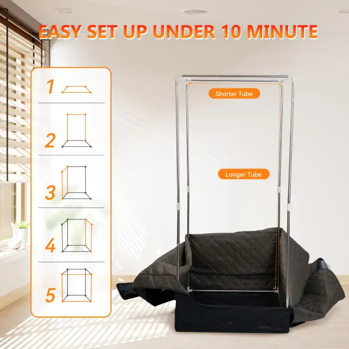 Portable Sauna Room shown in step-by-step setup with labeled shorter and longer tube guides