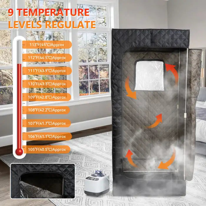 Portable Sauna Room displaying 9 temperature levels ranging from 105°F to 113°F inside the unit