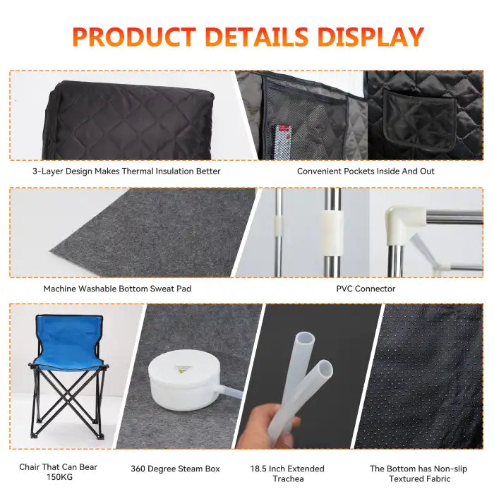 Portable Sauna Room with 3-layer insulation, washable mat, 360° steam box, and sturdy 150KG chair