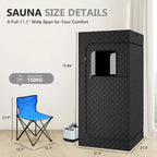 Portable Sauna Room with dimension details and included foldable blue chair and steam generator