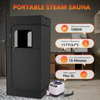  Portable Sauna Room with output power 1000W, max temp 117°F, and 3L water tank capacity shown