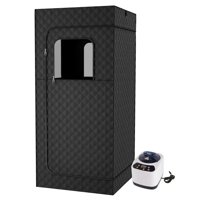 Portable Sauna Room with powerful white steam generator placed next to the enclosed sauna cabin