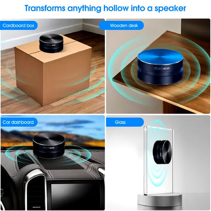 DuraMOBI speaker on various surfaces: cardboard box, wooden desk, car dashboard, and glass panel with vibration waves