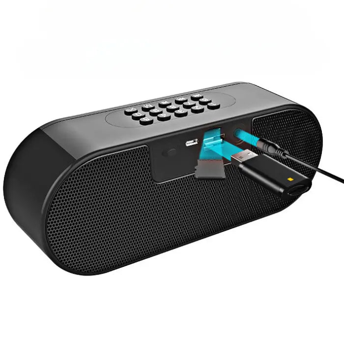 Black oval portable speaker with keypad, showing USB and audio jack connections with glowing blue light