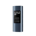 Portable tire inflator in sleek metallic finish with LED screen and multi-function control buttons