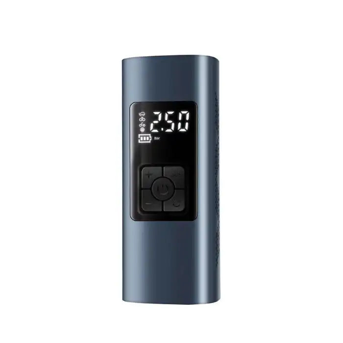 Portable tire inflator in sleek metallic finish with LED screen and multi-function control buttons