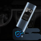 Portable tire inflator with digital display in car interior, showing air pressure reading of 2.50 bar.