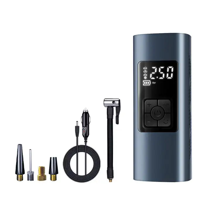 Portable tire inflator kit including nozzles, cables, and hose suitable for car and bike tire inflation.